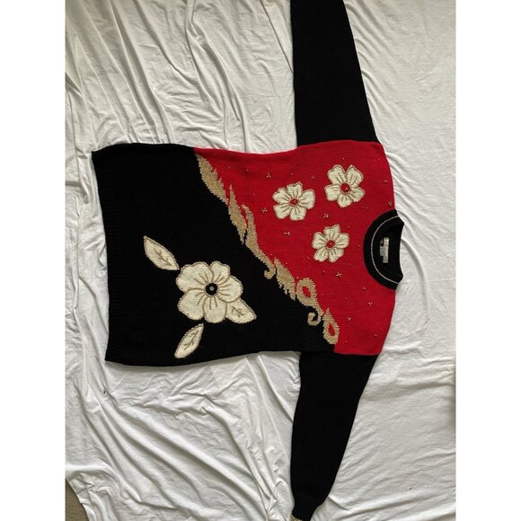 Vintage Dana Scott Floral Sweater Womens M Black/Red Wool Blend Long Sleeve Knit - Picture 1 of 10
